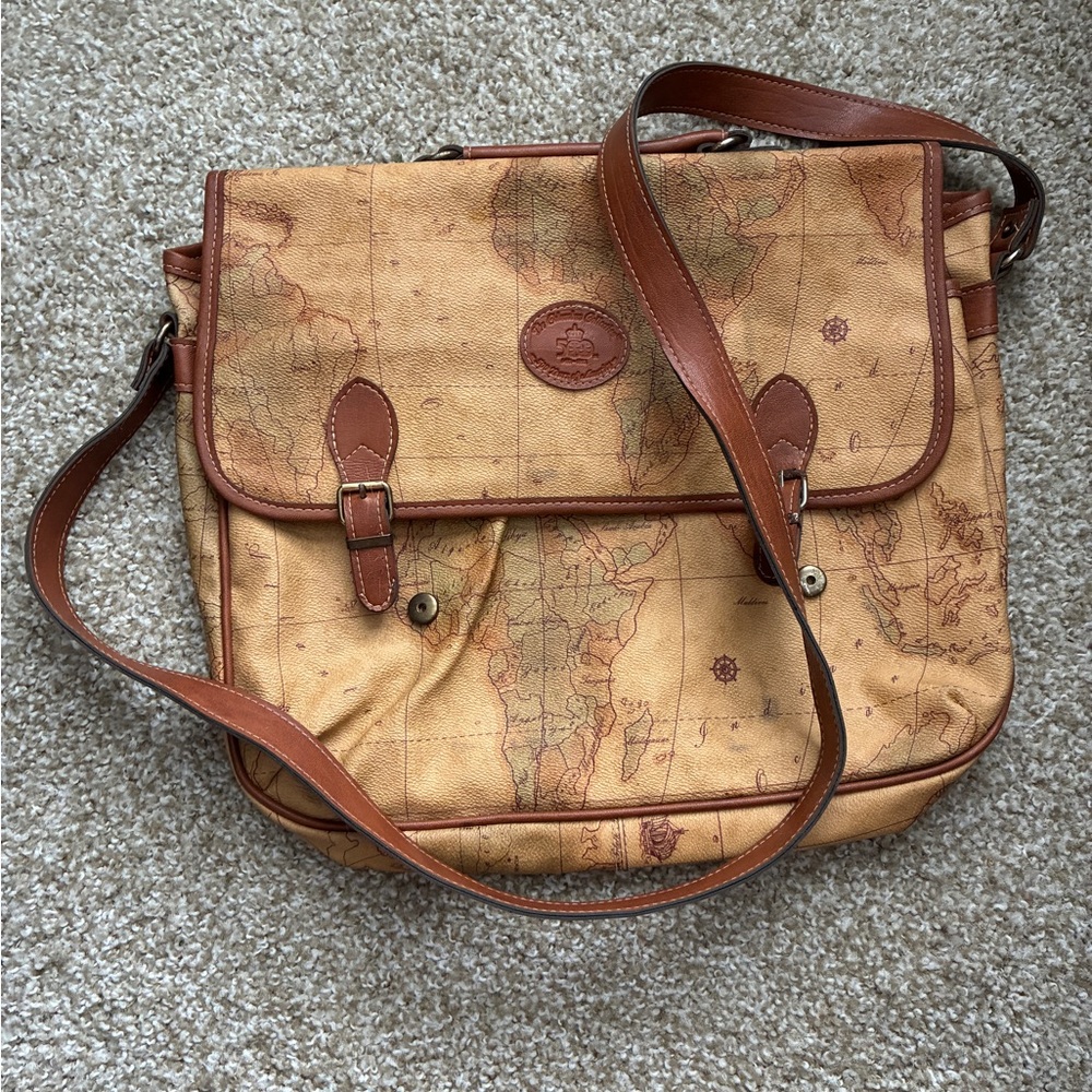 Vintage Columbus Collection Bagoda Map-Print Satchel in Tan and Brown